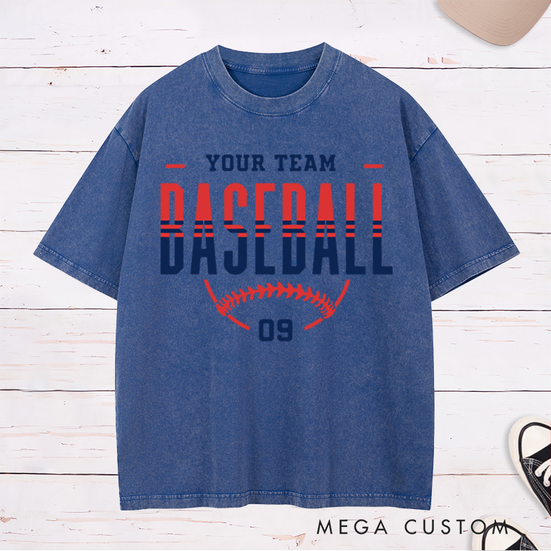 Personalized Game Day Washed T-Shirt with Team Name Number and Stylish Baseball Graphic