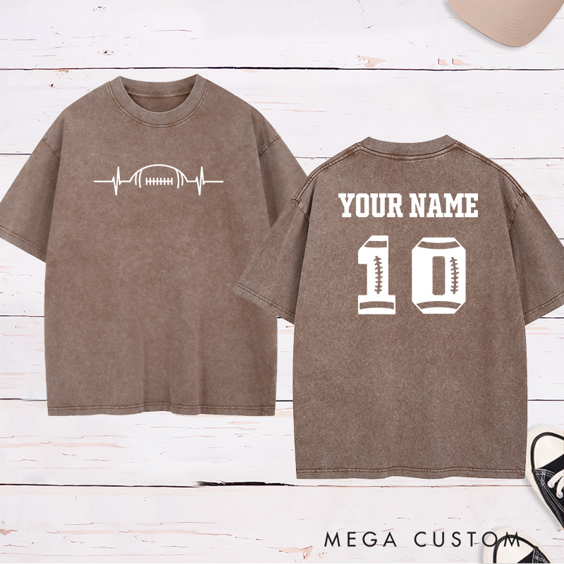 Personalized American Football and Rugby Heart Beat Washed T-Shirts Featuring Custom Name and Number