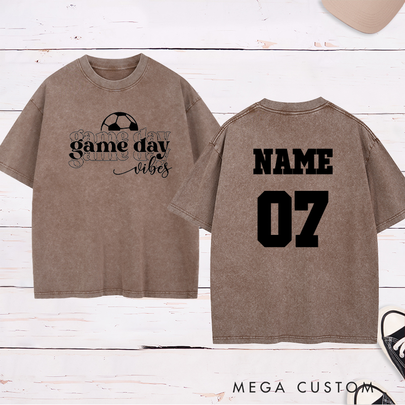 Personalized Game Day Vibes Washed T-Shirt Featuring Layered Typography and Custom Name and Number