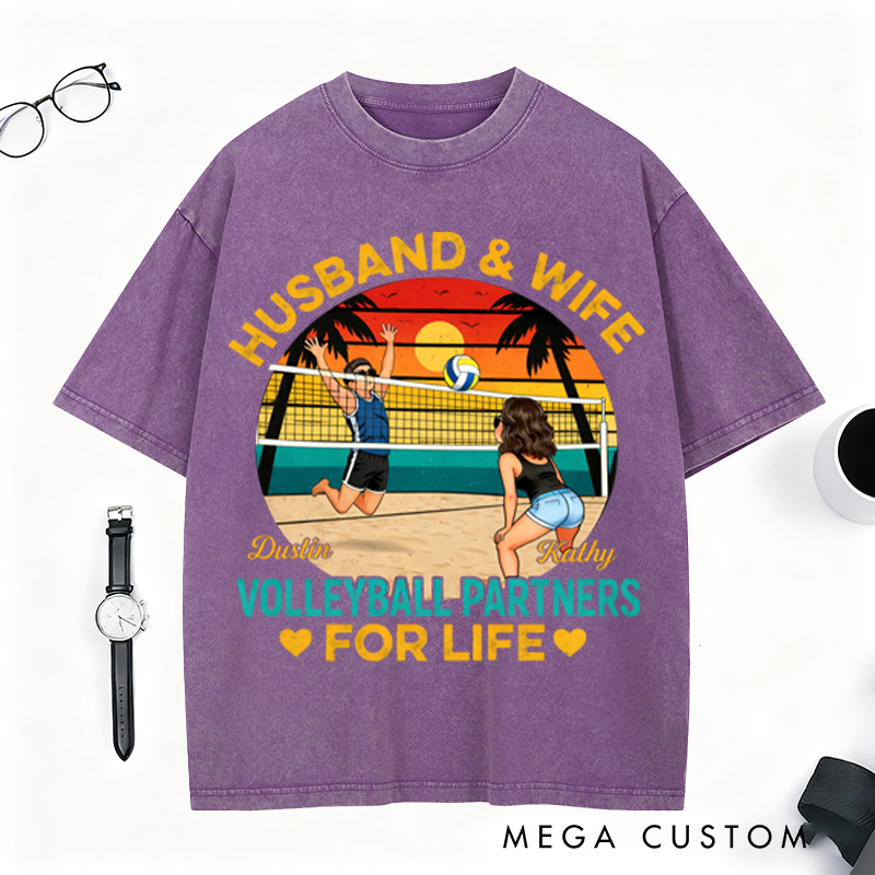 Personalized Volleyball Partners for Life T-Shirt with Custom Names for Husband and Wife