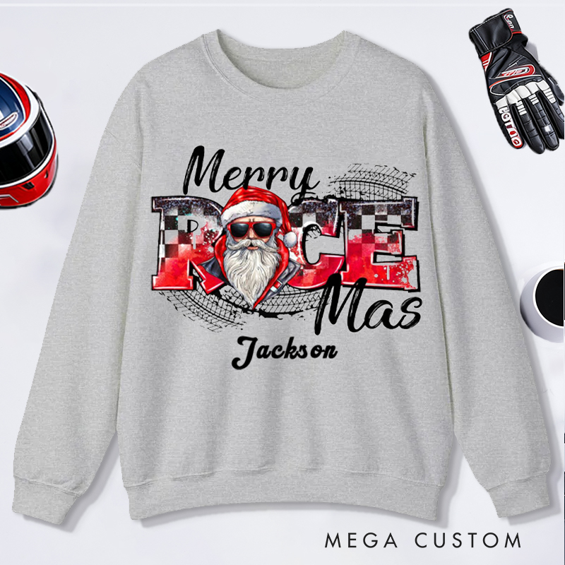 Personalized Merry Race Mas Sweatshirt Custom Name Racing Santa Christmas Pullover Gift for Racers and Racing Lovers