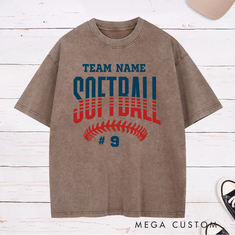 Personalized Softball Washed T-Shirt Featuring Customizable Team Name Player Number Bold Gradient Block Lettering and Dynamic Softball Stitch Graphic for a Striking and Unified Look