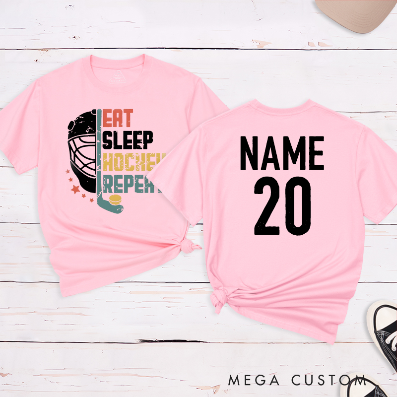 Personalized "Eat, Sleep, Hockey, Repeat" T-Shirt with Custom Name and Number