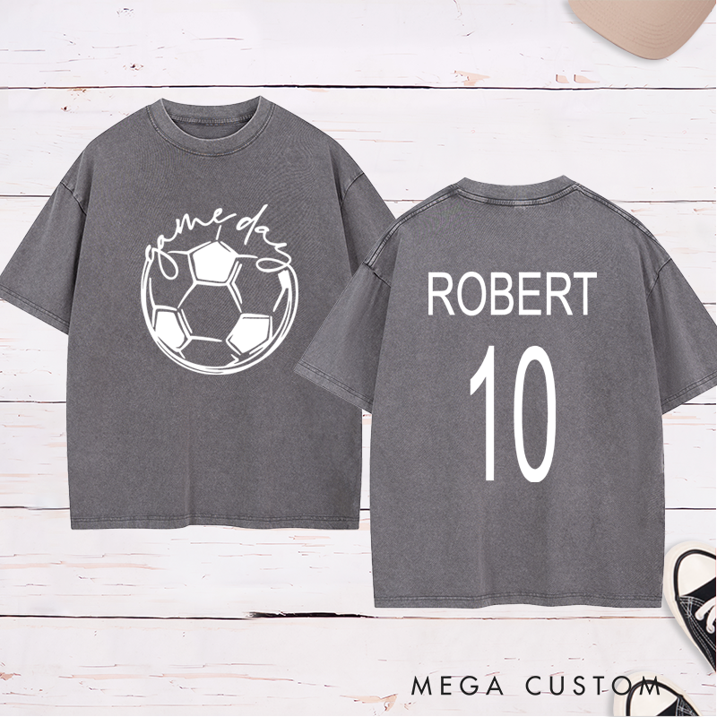 Personalized Washed Soccer T-Shirt with Custom Name, Number, and "Game Day" Graphic Design