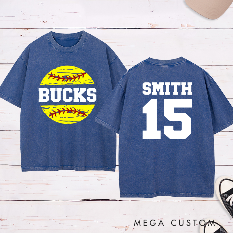 Personalized Softball Team Washed T-Shirt Design Featuring Custom Team Name Player Name and Number with Bright Softball Graphic