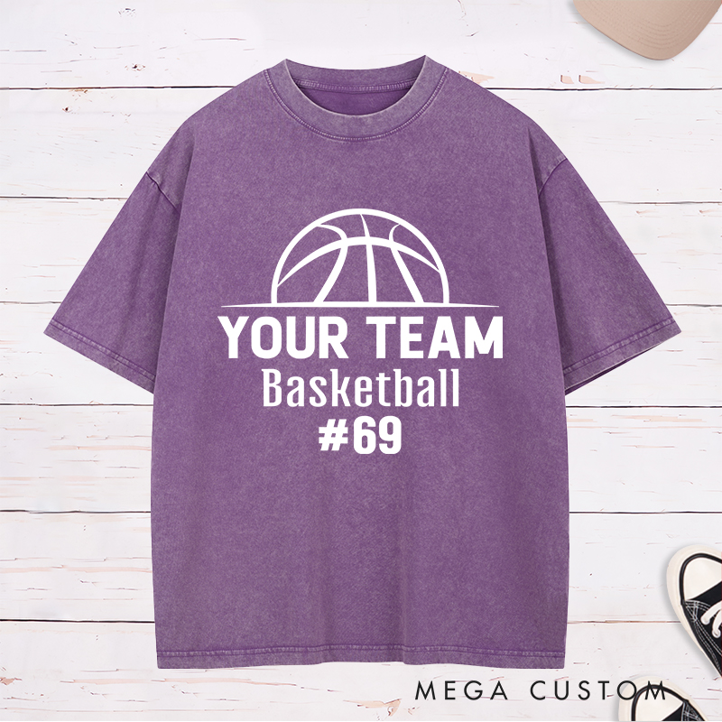 Personalized Washed T-Shirt Design Featuring a Bold Basketball Graphic with Customizable Team Name and Player Number