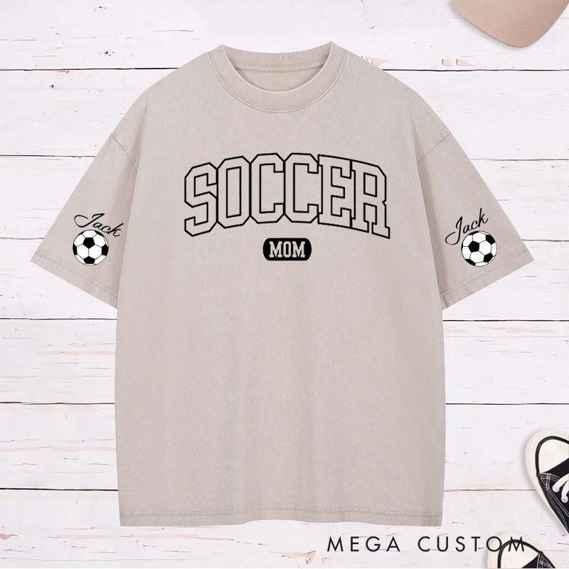 Personalized Soccer Mom Washed T-Shirt with Custom Sleeve Name Design