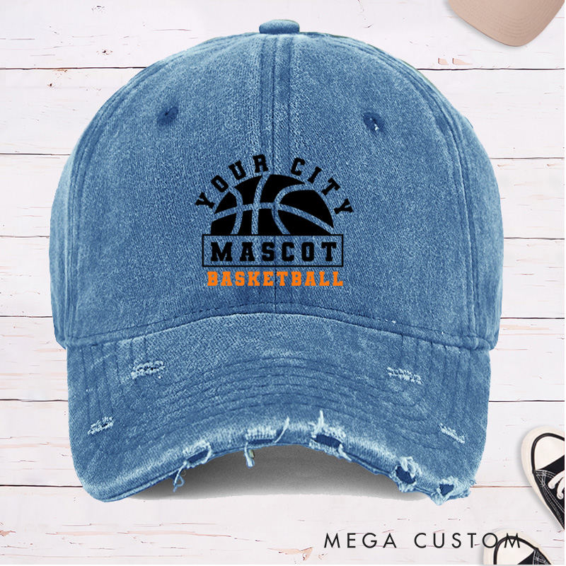 Personalized Distressed Denim Basketball Cap with Custom City Name Team Name and Basketball Graphic Design