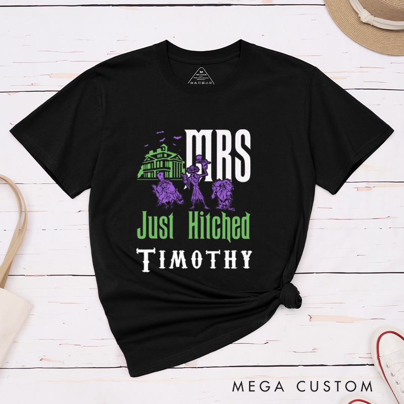 Personalized Halloween Mr and Mrs Just Hitched Couple Just Married Matching T-Shirt 