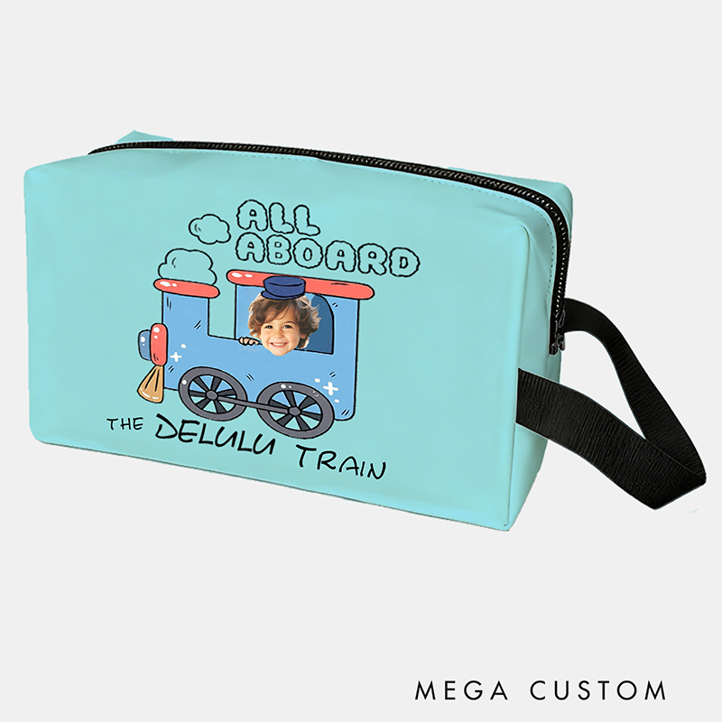 Personalized Cartoon Train Conductor Custom Kids Name and Face Toiletry Bag Design for Kids Travel Gifts and Daily Use