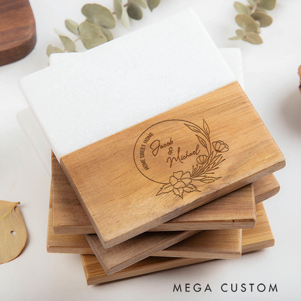Personalized Marble and Wood Coaster New Home Gift for Couple Custom Engraved Wedding Housewarming Coasters Moving Gifts Home Sweet Home Gift
