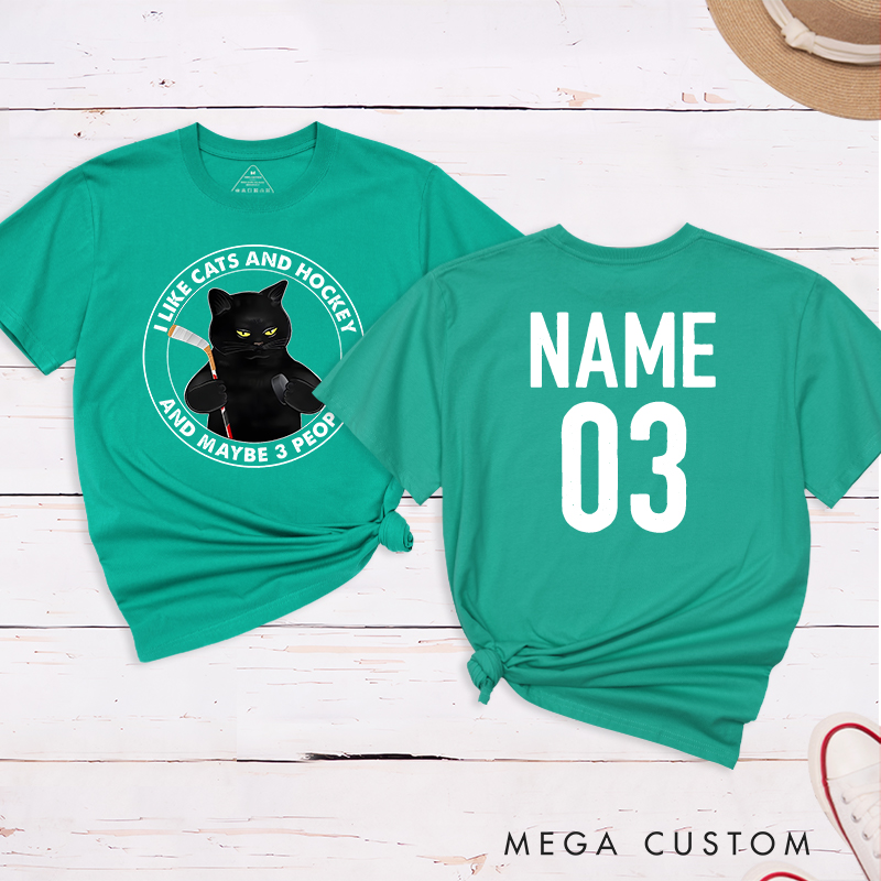 Personalized Funny Cat and Hockey Lover T-Shirt with Custom Name and Number