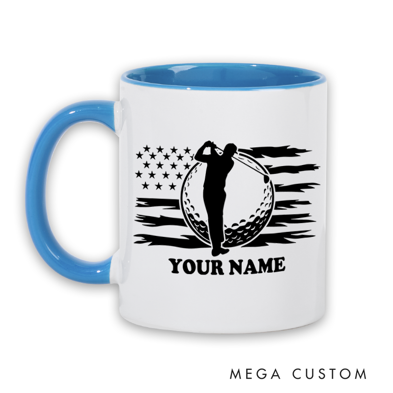 Personalized Golf Mug with Custom Name and American Flag Golfer Design Perfect Gift for Golf Enthusiasts