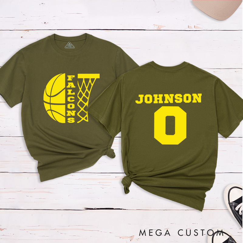 Personalized Basketball T-Shirt with Custom Team Name, Player Name, Number, and Hoop Graphic Design