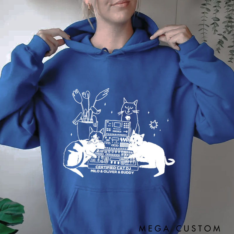 Personalized Classic Hoodies with Cat Sitting on Synthesizer and DJ Cat Illustration and Available in Multiple Colors