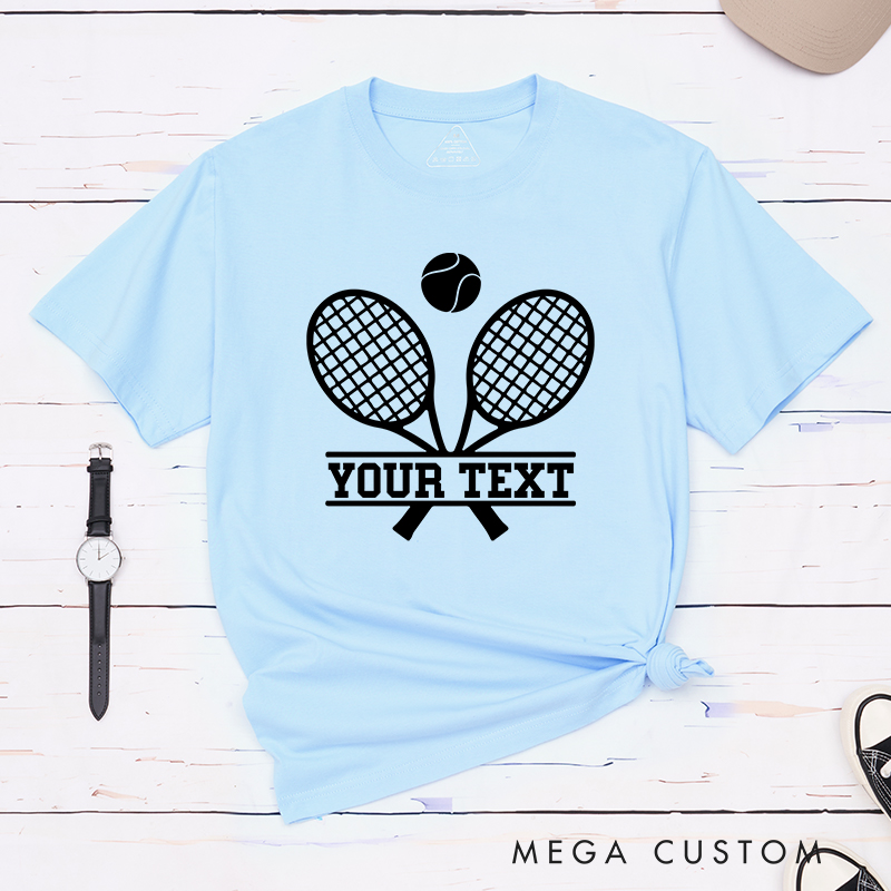 Personalized Tennis T-Shirt with Crossed Rackets Design and Custom Text