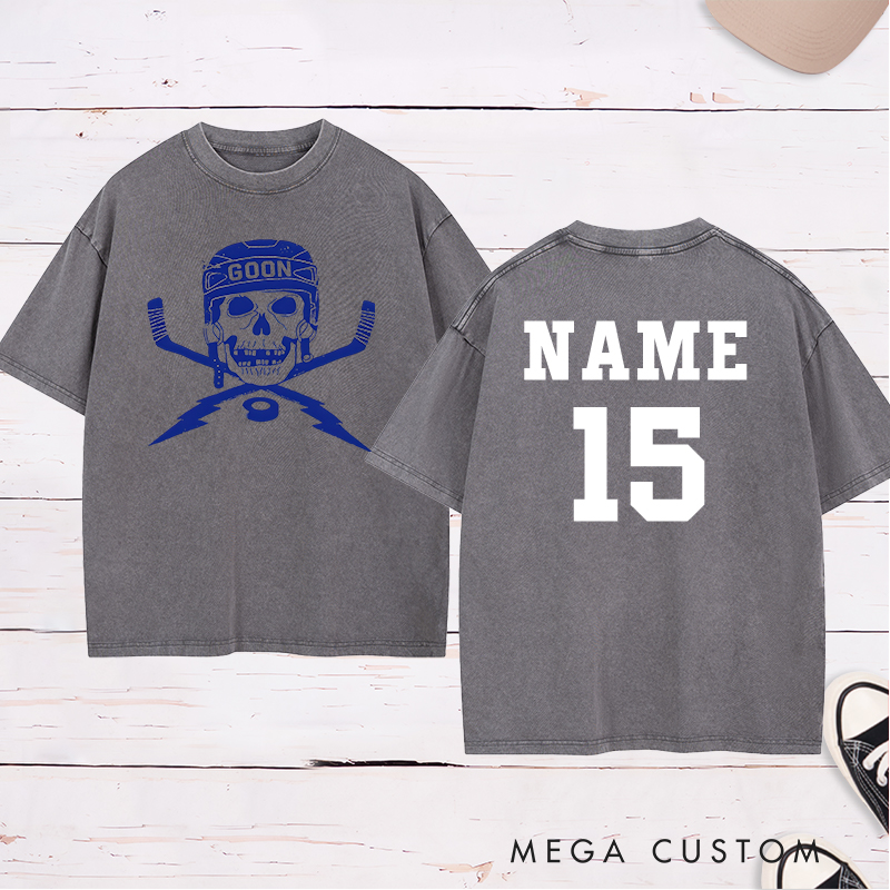 Personalized "Goon Skull" Hockey Washed T-Shirt with Custom Name and Number