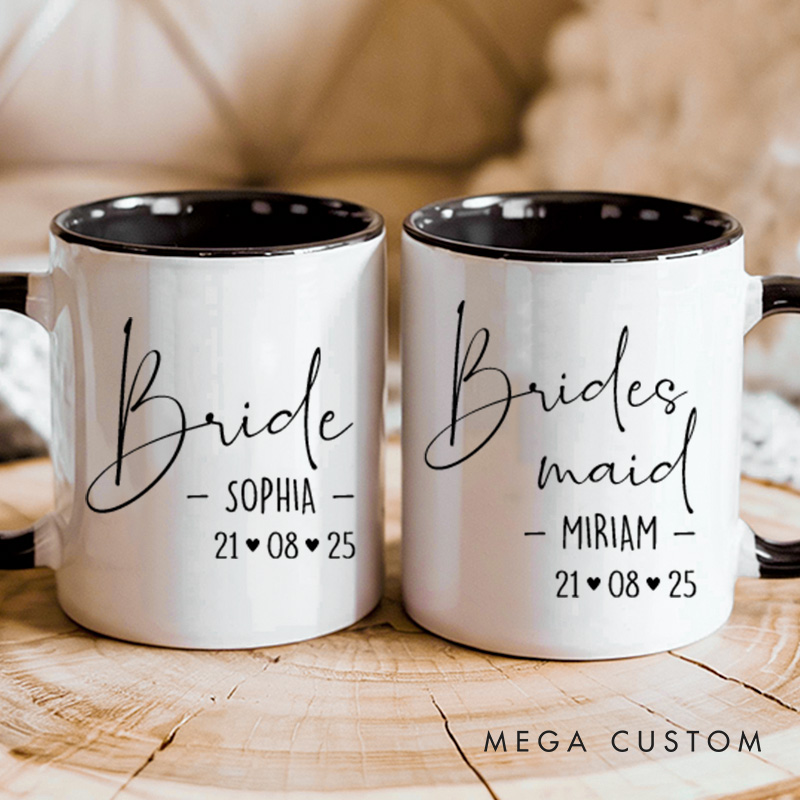 Personalized Bride and Bridesmaid Mug with Name and Heart Date Maid of Honor Mug Bachelorette Party Mug Bridesmaid Proposal Gift Bridal Shower Mug
