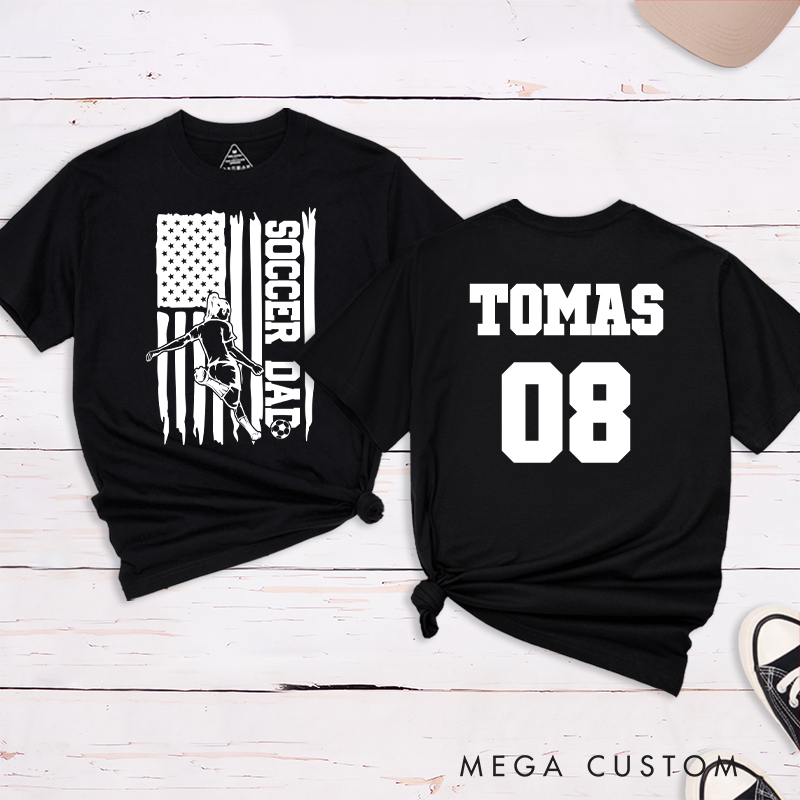 Personalized Soccer Dad T-Shirt with Patriotic Flag Design and Custom Name