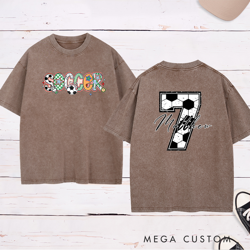 Personalized Soccer Washed T-Shirt with Colorful Patterned Lettering and Custom Name and Number