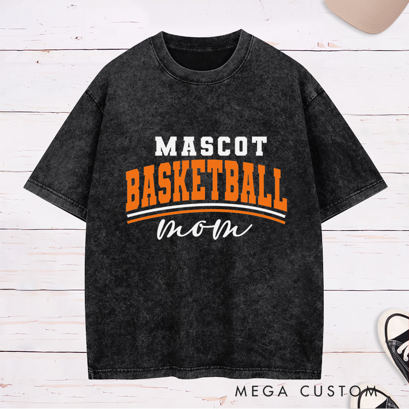 Personalized Washed T-Shirt Design Featuring Bold "Basketball Mom" Graphic with Customizable Team Name