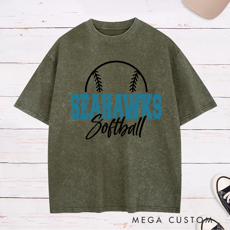 Personalized Softball Team Washed T-Shirt Design Featuring Bold Block Team Name Text Stylish Script Font for Softball and Minimalist Softball Graphic Outline