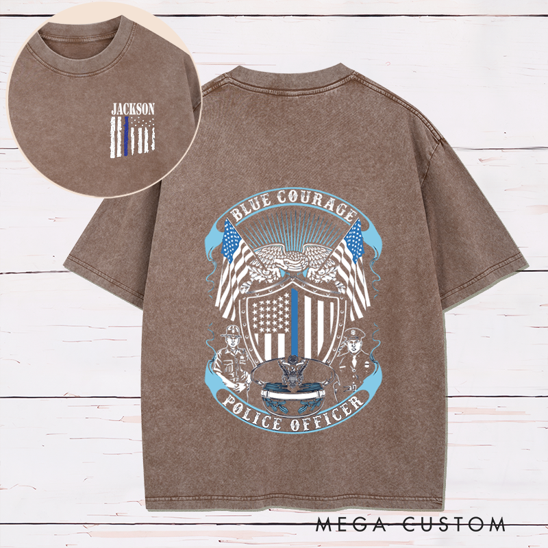 Personalized Blue Courage Police Officer Washed T-Shirt with American Flag and Law Enforcement Gift for Police