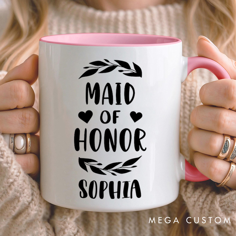Personalized Maid of Honor with Wreath and Heart Mug Bridesmaid Mug with Name Bachelorette Party Mug Bridesmaid Proposal Gift Bridal Shower Mug