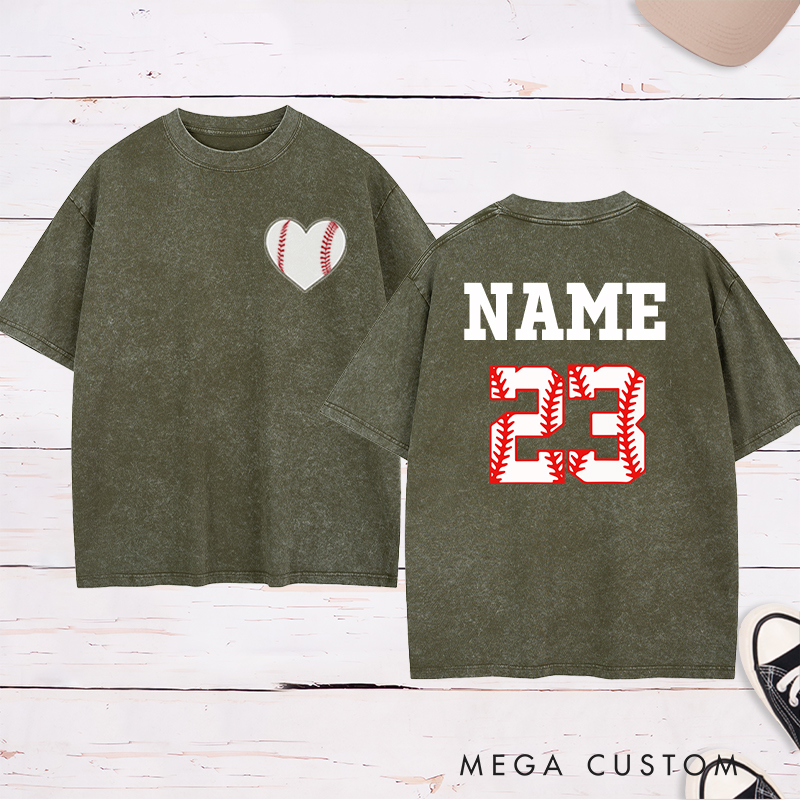 Personalized Baseball Heart Washed T-Shirt with Custom Name and Number 