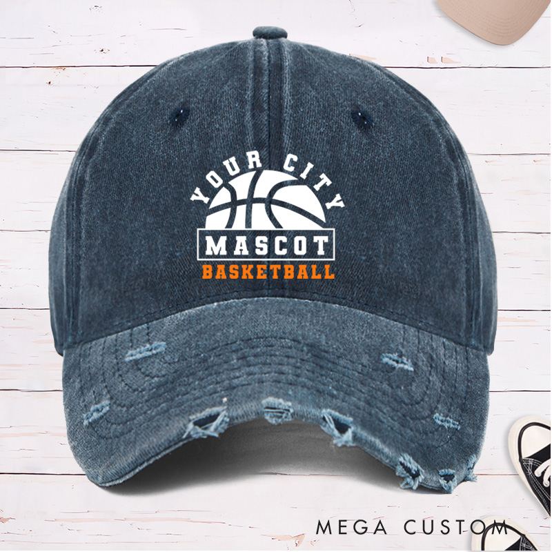 Personalized Distressed Denim Basketball Cap with Custom City Name Team Name and Basketball Graphic Design
