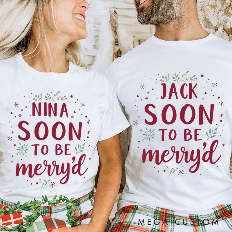Personalized Couple Soon to Be Merry’d First Christmas T-Shirt Custom Newlyweds Holly Accents Shirt for Husband Wife Married Tee Tops Christmas Gift
