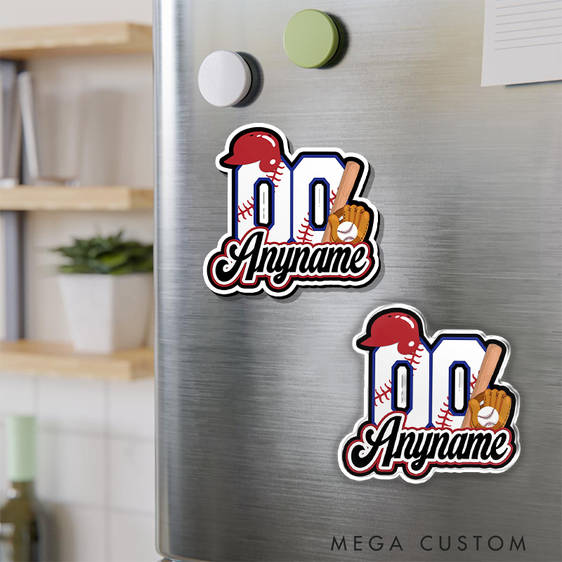 Personalized Sports Fridge Magnet Featuring Helmet, Bat, and Glove Design  