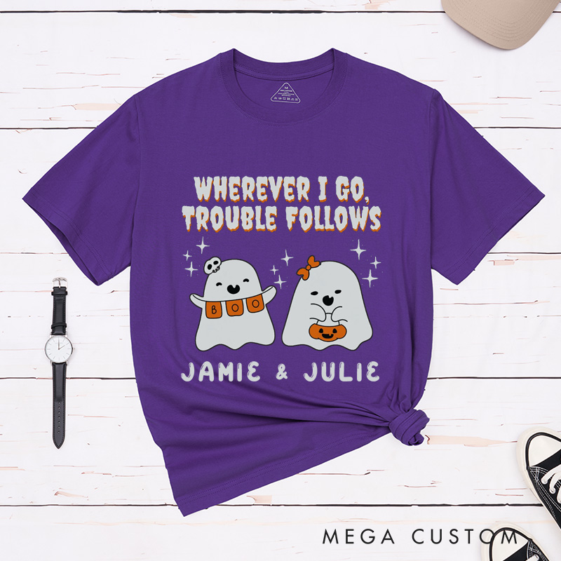 Personalized Halloween Where I Go Trouble Follows Cute Ghost Couple Matching Shirt 
