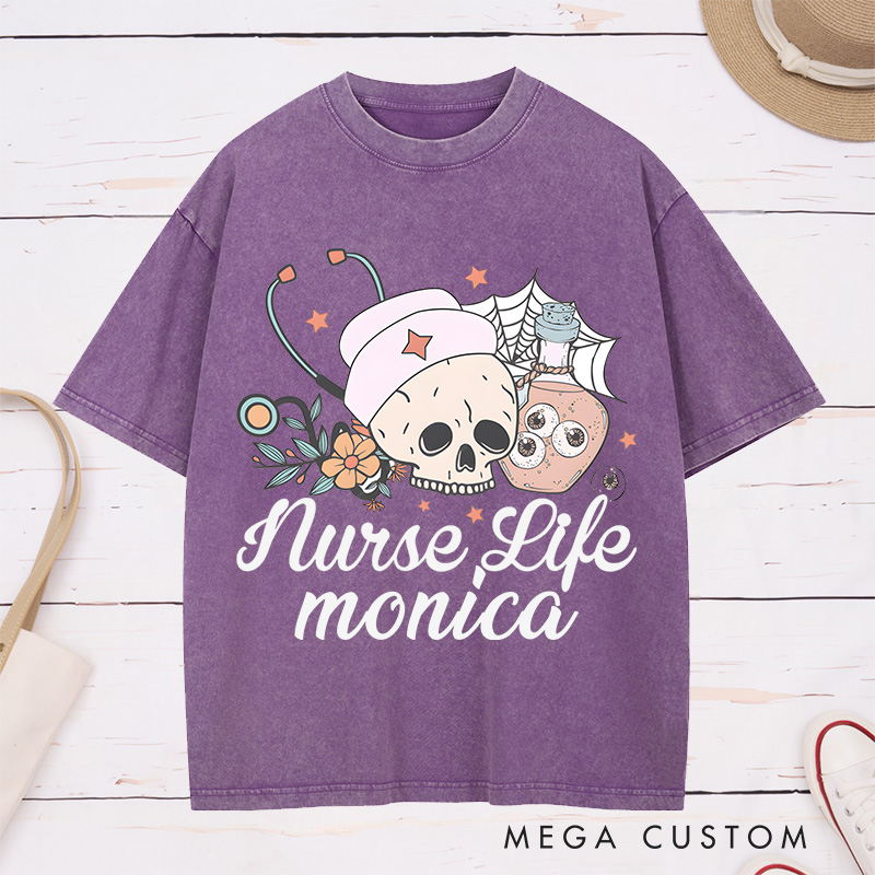 Personalized Nurse Washed T-Shirt Customized Nurse Life Design Washed T-Shirt 