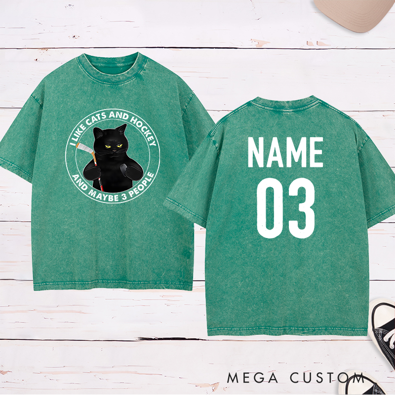 Personalized Funny Cat and Hockey Lover Washed T-Shirt with Custom Name and Number