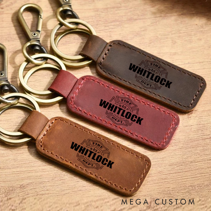 Personalized Engraved Keychain for Firefighter Maltese Cross Badge Crazy Horse Leather Keychain