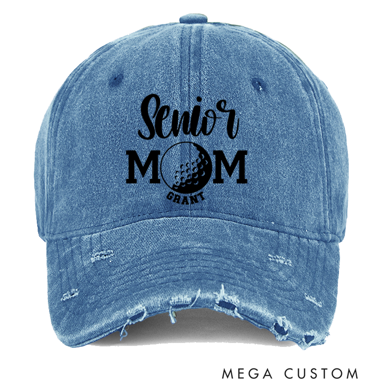Personalized Senior Mom Distressed Denim Baseball Cap with Custom Name and Sports Ball Design for Proud Mothers of Graduating Athletes