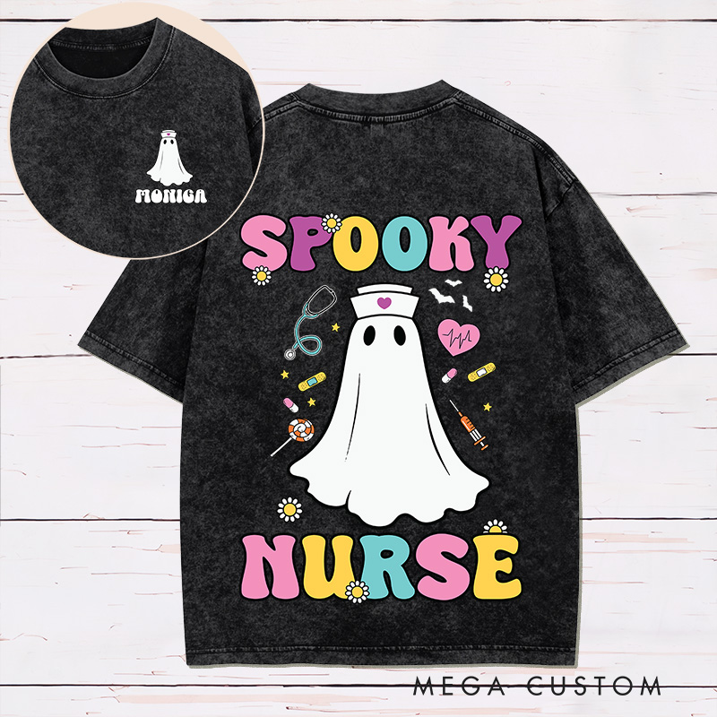 Personalized Nurse Two Sides Printed Washed T-Shirt Customized Spooky Nurse Design Washed T-Shirt 