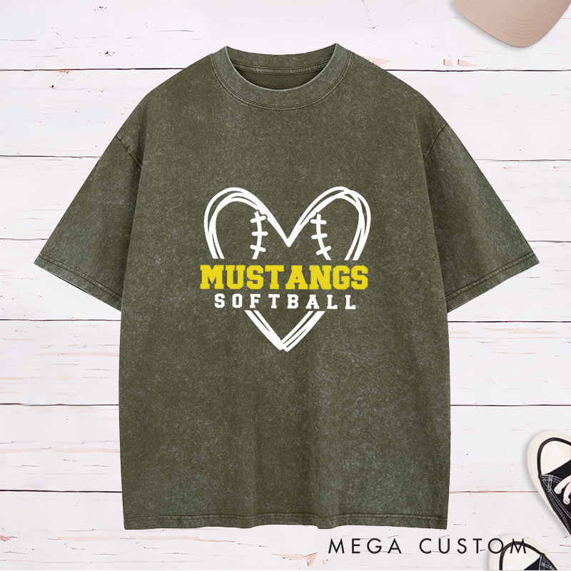 Personalized Softball Washed T-Shirt Design Featuring Heart-Shaped Softball Stitch Graphic with Custom Team Name in Bold Text and Softball Label in Clean Font