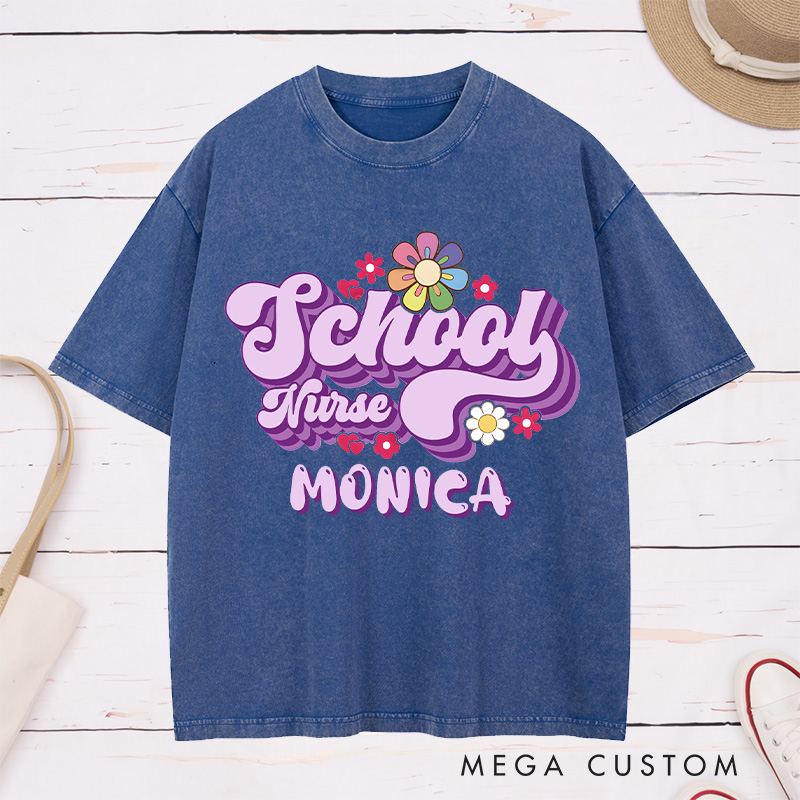 Personalized Nurse Washed T-Shirt Customized School Nurse Retro Floral Design Washed T-Shirt 