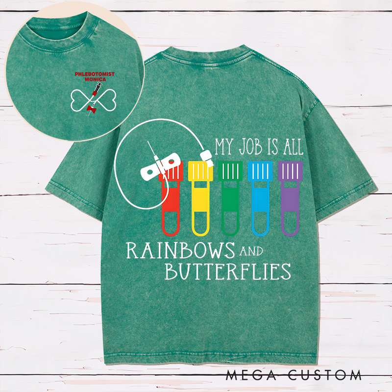 Personalized Two Sides Printed Washed T-Shirt Customized My Job is All Rainbows and Butterflies Design Washed T-Shirt 