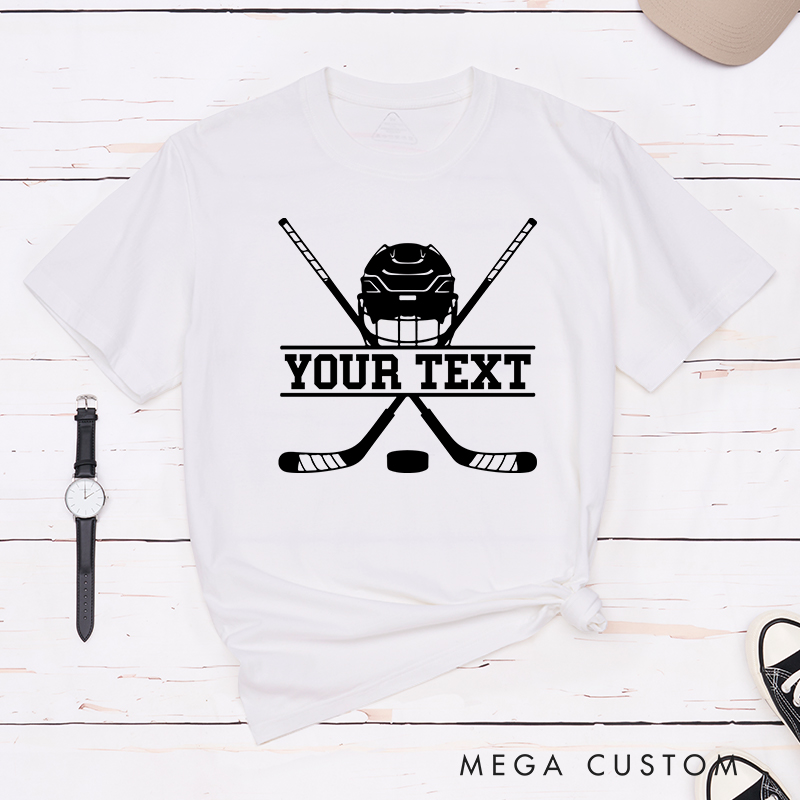 Personalized Hockey Helmet and Sticks T-Shirt with Custom Name 