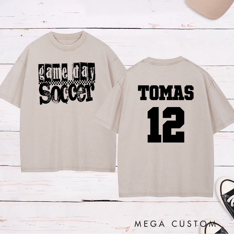 Personalized Game Day Soccer Washed T-Shirt with Grunge Checkerboard Design and Custom Name and Number
