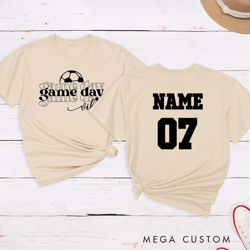 Personalized Game Day Vibes T-Shirt Featuring Layered Typography and Custom Name and Number