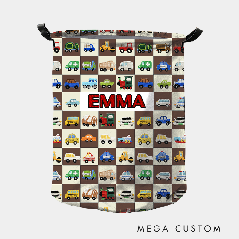 Personalized Cute Car Plaid Print Large Waterproof Laundry Storage Basket with Handle Custom Name Gift for Kids