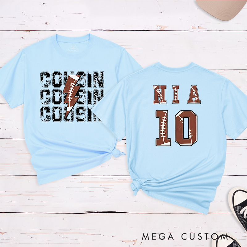 Personalized American Football and Rugby Cousin T-Shirts with Custom Name and Number