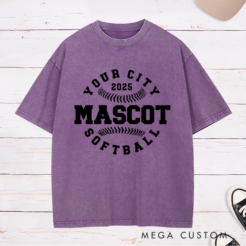 Personalized Softball Team Washed T-Shirt Design Featuring Custom City Name Team Name Baseball Stitch Graphics and Custom Year Highlight