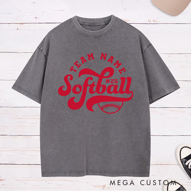 Personalized Softball Washed T-Shirt Featuring Customizable Team Name Player Number Dynamic Script Font and Classic Softball Graphic for a Bold and Unified Look