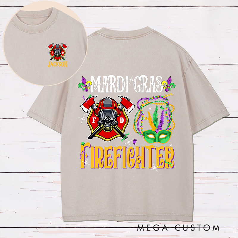 Personalized Firefighter Washed T-Shirt Mardi Gras Firefighter Design Festive Gift for Firefighters