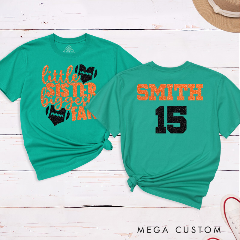 Personalized American Football and Rugby T-Shirts for "Little Sister Biggest Fans" with Custom Name and Number on the Jersey